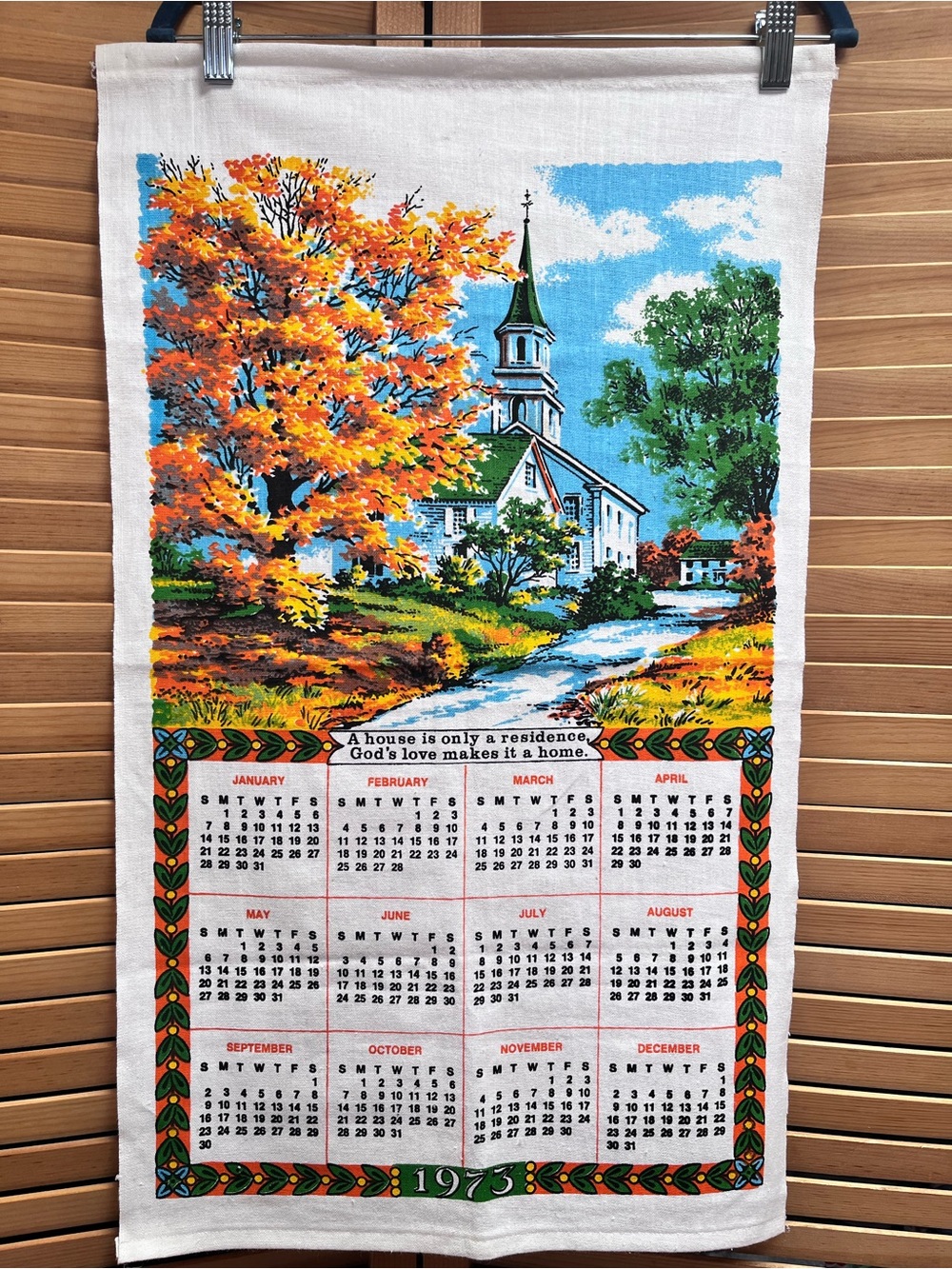 Vintage 1973 Church & Autumn Trees Calendar Tea Towel